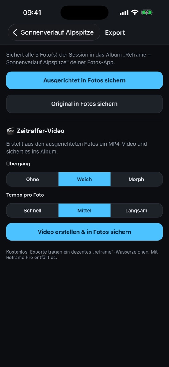 Reframe – Zeitraffer-Export